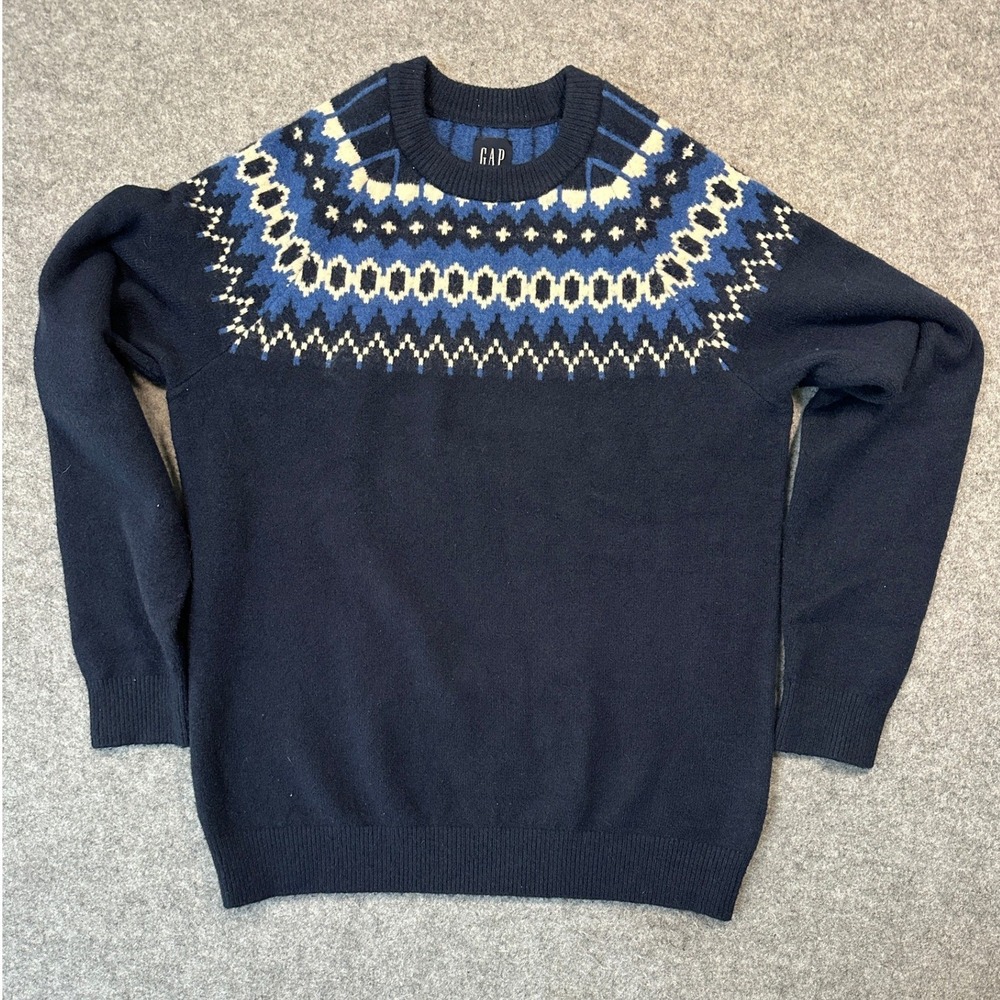 Gap Fair Isle Crewneck Sweater Medium Navy Blue Geometric Knit